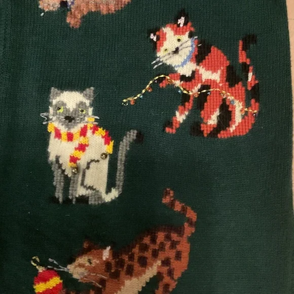 Vintage Y2K 2001 Womens XL Christmas Cat Bells Wool Blend Knit Cardigan Sweater - Picture 5 of 10